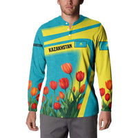 Kazakhstan National Flag Button Sweatshirt with Red Tulip Bloom and Blue Yellow Ethnic Motif