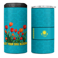 Kazakhstan National Flag 4 in 1 Can Cooler Tumbler with Red Tulip Bloom and Blue Yellow Ethnic Motif