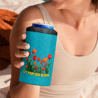 Kazakhstan National Flag 4 in 1 Can Cooler Tumbler with Red Tulip Bloom and Blue Yellow Ethnic Motif