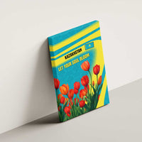 Kazakhstan National Flag Canvas Wall Art with Red Tulip Bloom and Blue Yellow Ethnic Motif