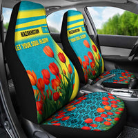 Kazakhstan National Flag Car Seat Cover with Red Tulip Bloom and Blue Yellow Ethnic Motif