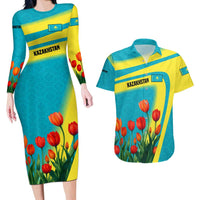 Kazakhstan National Flag Couples Matching Long Sleeve Bodycon Dress and Hawaiian Shirt with Red Tulip Bloom and Blue Yellow Ethnic Motif