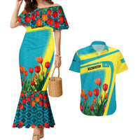 Kazakhstan National Flag Couples Matching Mermaid Dress and Hawaiian Shirt with Red Tulip Bloom and Blue Yellow Ethnic Motif
