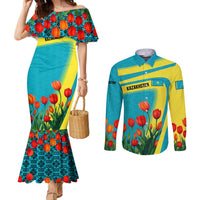 Kazakhstan National Flag Couples Matching Mermaid Dress and Long Sleeve Button Shirt with Red Tulip Bloom and Blue Yellow Ethnic Motif