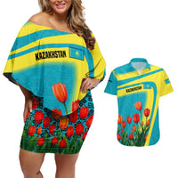 Kazakhstan National Flag Couples Matching Off Shoulder Short Dress and Hawaiian Shirt with Red Tulip Bloom and Blue Yellow Ethnic Motif