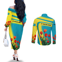 Kazakhstan National Flag Couples Matching Off The Shoulder Long Sleeve Dress and Long Sleeve Button Shirt with Red Tulip Bloom and Blue Yellow Ethnic Motif