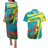 Kazakhstan National Flag Couples Matching Puletasi and Hawaiian Shirt with Red Tulip Bloom and Blue Yellow Ethnic Motif
