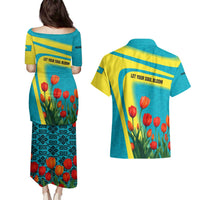 Kazakhstan National Flag Couples Matching Puletasi and Hawaiian Shirt with Red Tulip Bloom and Blue Yellow Ethnic Motif