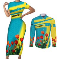 Kazakhstan National Flag Couples Matching Short Sleeve Bodycon Dress and Long Sleeve Button Shirt with Red Tulip Bloom and Blue Yellow Ethnic Motif