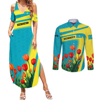 Kazakhstan National Flag Couples Matching Summer Maxi Dress and Long Sleeve Button Shirt with Red Tulip Bloom and Blue Yellow Ethnic Motif