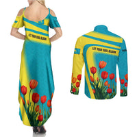 Kazakhstan National Flag Couples Matching Summer Maxi Dress and Long Sleeve Button Shirt with Red Tulip Bloom and Blue Yellow Ethnic Motif