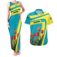 Kazakhstan National Flag Couples Matching Tank Maxi Dress and Hawaiian Shirt with Red Tulip Bloom and Blue Yellow Ethnic Motif