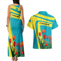 Kazakhstan National Flag Couples Matching Tank Maxi Dress and Hawaiian Shirt with Red Tulip Bloom and Blue Yellow Ethnic Motif