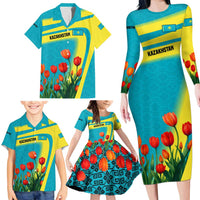 Kazakhstan National Flag Family Matching Long Sleeve Bodycon Dress and Hawaiian Shirt with Red Tulip Bloom and Blue Yellow Ethnic Motif