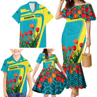Kazakhstan National Flag Family Matching Mermaid Dress and Hawaiian Shirt with Red Tulip Bloom and Blue Yellow Ethnic Motif