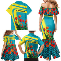 Kazakhstan National Flag Family Matching Mermaid Dress and Hawaiian Shirt with Red Tulip Bloom and Blue Yellow Ethnic Motif