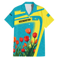 Kazakhstan National Flag Family Matching Mermaid Dress and Hawaiian Shirt with Red Tulip Bloom and Blue Yellow Ethnic Motif