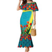 Kazakhstan National Flag Family Matching Mermaid Dress and Hawaiian Shirt with Red Tulip Bloom and Blue Yellow Ethnic Motif