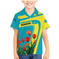 Kazakhstan National Flag Family Matching Mermaid Dress and Hawaiian Shirt with Red Tulip Bloom and Blue Yellow Ethnic Motif