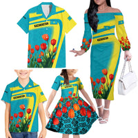 Kazakhstan National Flag Family Matching Off The Shoulder Long Sleeve Dress and Hawaiian Shirt with Red Tulip Bloom and Blue Yellow Ethnic Motif