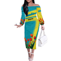 Kazakhstan National Flag Family Matching Off The Shoulder Long Sleeve Dress and Hawaiian Shirt with Red Tulip Bloom and Blue Yellow Ethnic Motif