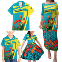 Kazakhstan National Flag Family Matching Puletasi and Hawaiian Shirt with Red Tulip Bloom and Blue Yellow Ethnic Motif