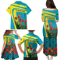 Kazakhstan National Flag Family Matching Puletasi and Hawaiian Shirt with Red Tulip Bloom and Blue Yellow Ethnic Motif