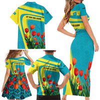 Kazakhstan National Flag Family Matching Short Sleeve Bodycon Dress and Hawaiian Shirt with Red Tulip Bloom and Blue Yellow Ethnic Motif