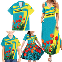 Kazakhstan National Flag Family Matching Summer Maxi Dress and Hawaiian Shirt with Red Tulip Bloom and Blue Yellow Ethnic Motif