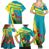 Kazakhstan National Flag Family Matching Summer Maxi Dress and Hawaiian Shirt with Red Tulip Bloom and Blue Yellow Ethnic Motif