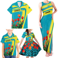 Kazakhstan National Flag Family Matching Tank Maxi Dress and Hawaiian Shirt with Red Tulip Bloom and Blue Yellow Ethnic Motif