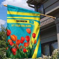 Kazakhstan National Flag Garden Flag with Red Tulip Bloom and Blue Yellow Ethnic Motif