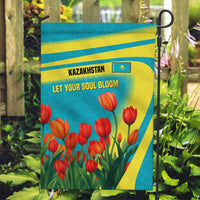 Kazakhstan National Flag Garden Flag with Red Tulip Bloom and Blue Yellow Ethnic Motif