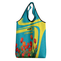 Kazakhstan National Flag Grocery Bag with Red Tulip Bloom and Blue Yellow Ethnic Motif