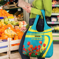 Kazakhstan National Flag Grocery Bag with Red Tulip Bloom and Blue Yellow Ethnic Motif
