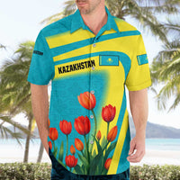 Kazakhstan National Flag Hawaiian Shirt with Red Tulip Bloom and Blue Yellow Ethnic Motif