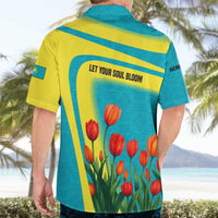 Kazakhstan National Flag Hawaiian Shirt with Red Tulip Bloom and Blue Yellow Ethnic Motif