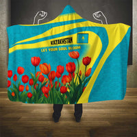 Kazakhstan National Flag Hooded Blanket with Red Tulip Bloom and Blue Yellow Ethnic Motif
