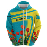 Kazakhstan National Flag Hoodie with Red Tulip Bloom and Blue Yellow Ethnic Motif