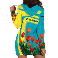 Kazakhstan National Flag Hoodie Dress with Red Tulip Bloom and Blue Yellow Ethnic Motif