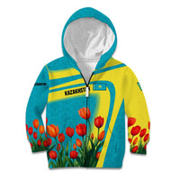 Kazakhstan National Flag Kid Hoodie with Red Tulip Bloom and Blue Yellow Ethnic Motif