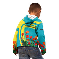 Kazakhstan National Flag Kid Hoodie with Red Tulip Bloom and Blue Yellow Ethnic Motif