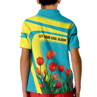 Kazakhstan National Flag Kid Polo Shirt with Red Tulip Bloom and Blue Yellow Ethnic Motif