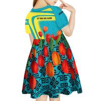 Kazakhstan National Flag Kid Short Sleeve Dress with Red Tulip Bloom and Blue Yellow Ethnic Motif