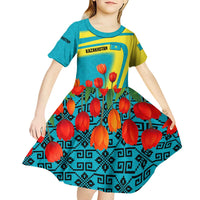Kazakhstan National Flag Kid Short Sleeve Dress with Red Tulip Bloom and Blue Yellow Ethnic Motif