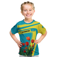 Kazakhstan National Flag Kid T Shirt with Red Tulip Bloom and Blue Yellow Ethnic Motif