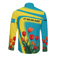 Kazakhstan National Flag Long Sleeve Button Shirt with Red Tulip Bloom and Blue Yellow Ethnic Motif