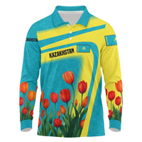 Kazakhstan National Flag Long Sleeve Polo Shirt with Red Tulip Bloom and Blue Yellow Ethnic Motif