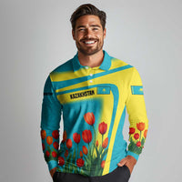 Kazakhstan National Flag Long Sleeve Polo Shirt with Red Tulip Bloom and Blue Yellow Ethnic Motif