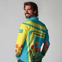 Kazakhstan National Flag Long Sleeve Polo Shirt with Red Tulip Bloom and Blue Yellow Ethnic Motif